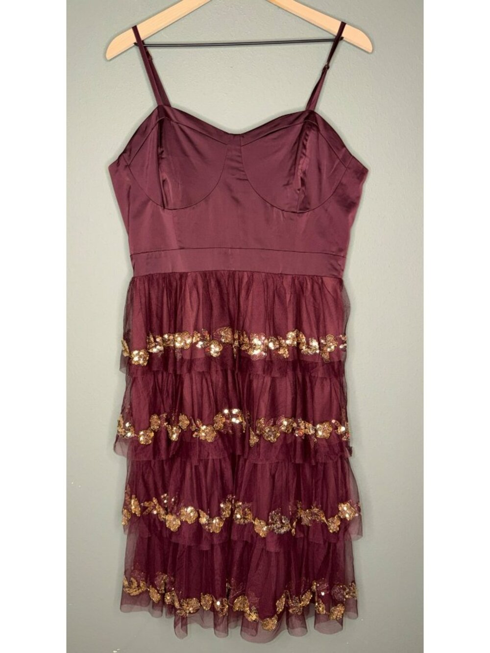 Cache Burgundy Tiered Sequin Applique Lace-Up Mini Dress Adjustable Strap